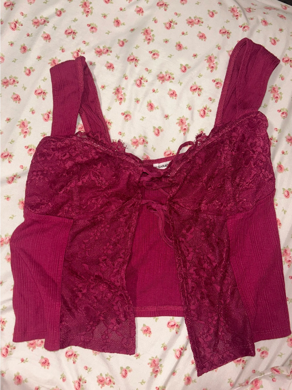 Garage Flyaway Lace Rib Top — Deep Berry